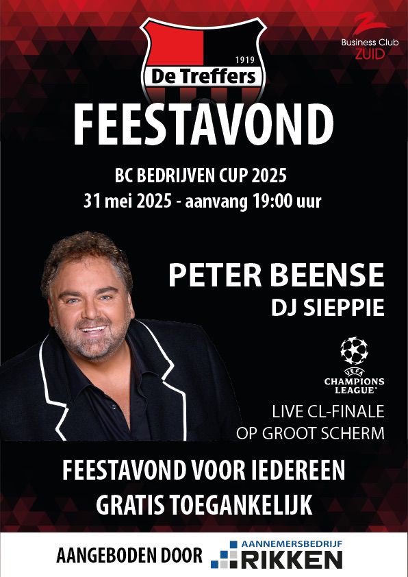 BC Bedrijvencup 🏆

Zaterdag 31 mei is de eerste editie van de BC Bedrijvencup, georganiseerd door Businessclub Zuid. Na afloop is er een feestavond, wordt de Champions League finale live uitgezonden en is er een optreden van zanger Peter Beense 

Graag tot zaterdag op Zuid!