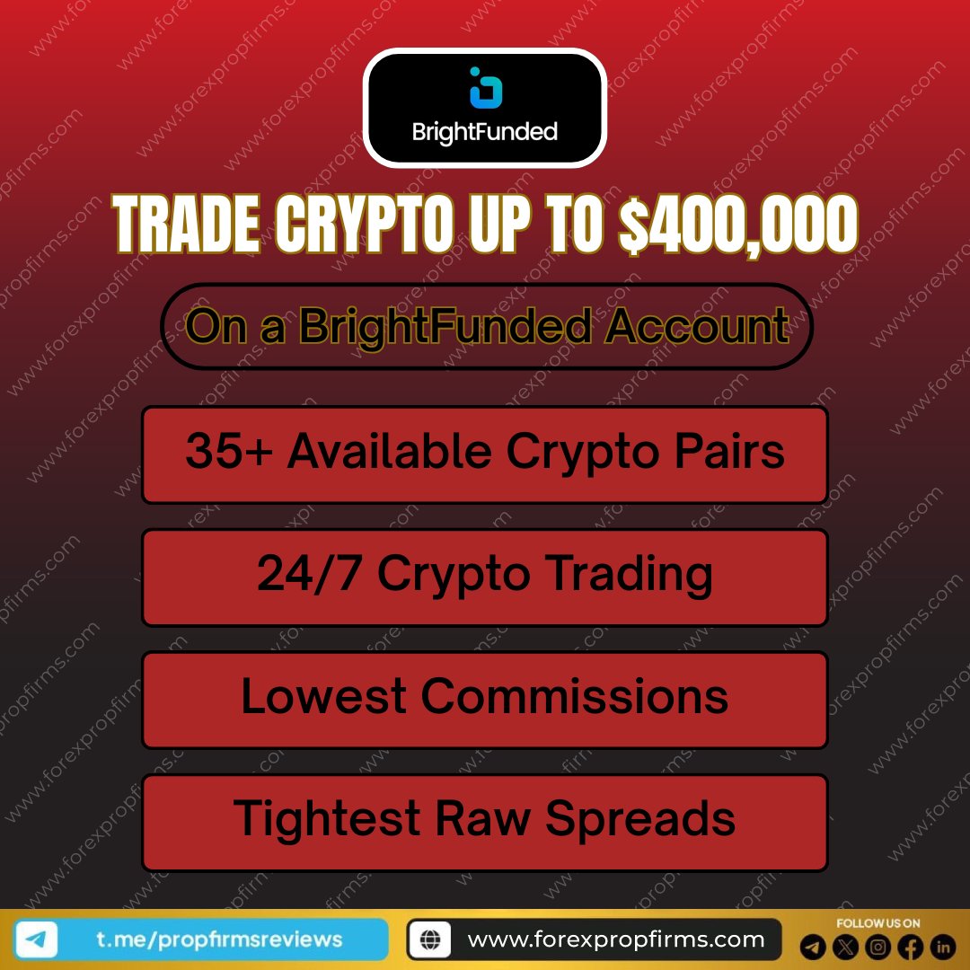 propfirms's tweet photo. ๐ @BrightFunded - Crypto Traders Get Up to $400K!
Trade 35+ crypto pairs 24/7 with raw spreads, low commissions, and up to $400K in funding. Built for serious crypto traders.
#BrightFunded #CryptoFunding #PropTrading #FundedCrypto #Crypto24x7 #ForexPropFirms https://t.co/i8NxJOiKYv