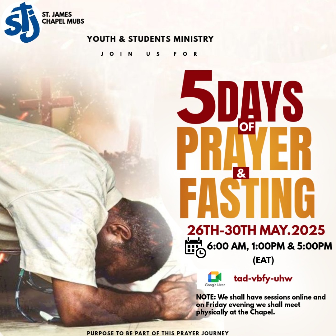 meet.google.com/tad-vbfy-uhw
We are having a week of prayer at St James online, you can join in during the hours you are free 

Morning devotion at 6am to 6:30
Lunch hour at 1pm
Evening at 5pm
