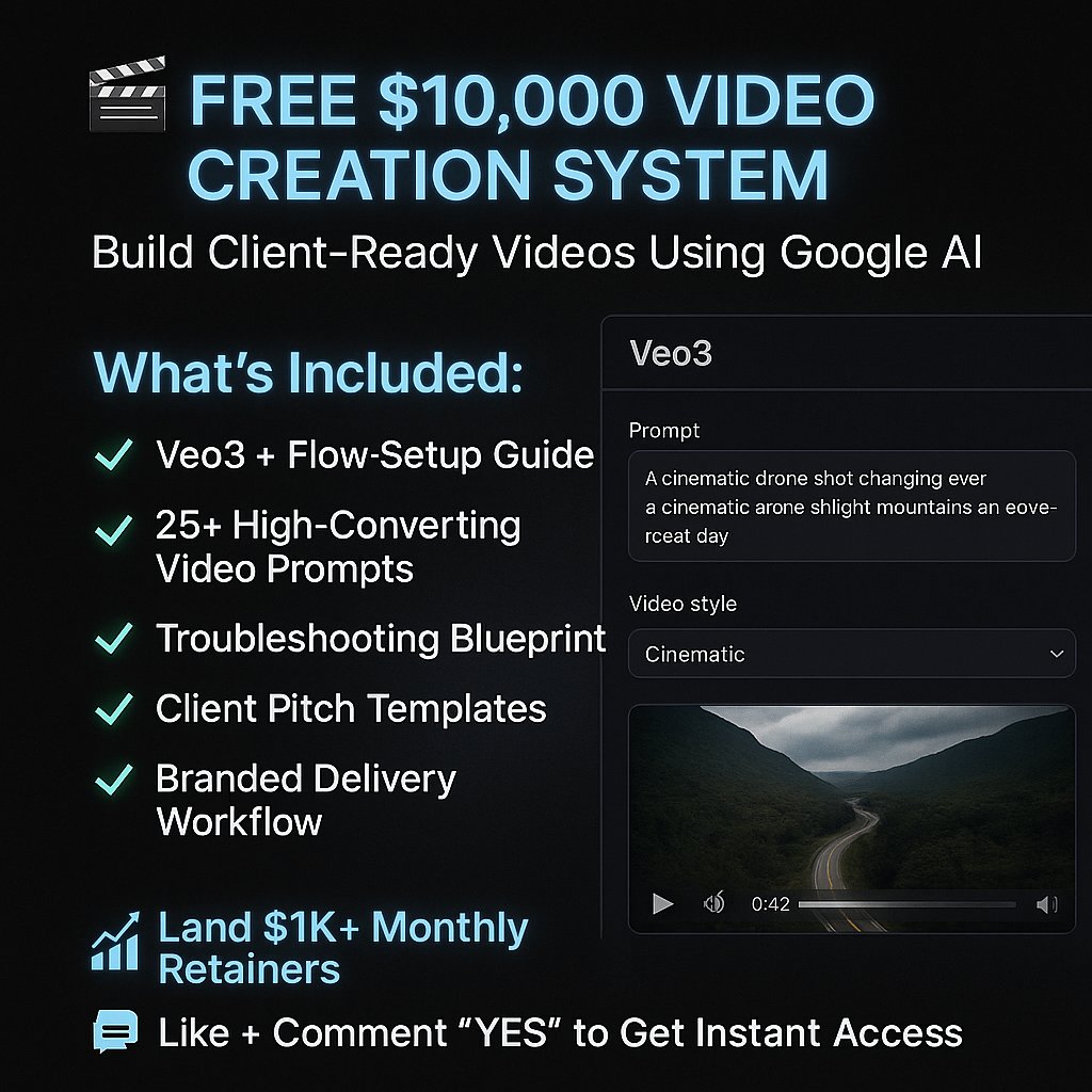 FREE $10,000 Video Creation System and Prompts!

Download this FREE step-by-step guide showing exactly how to build client-ready videos using Google's new AI that businesses happily pay $1,000+ monthly retainers for.

What's Included In This FREE Offer:

  • Step-by-step Veo3