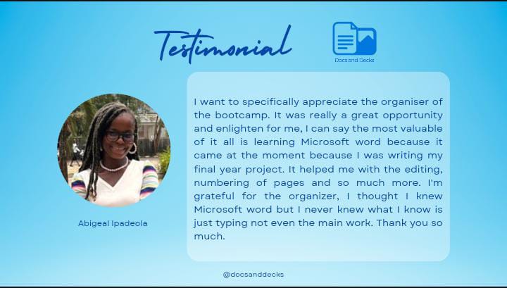 docsdecks's tweet image. &quot;I thought I knew Microsoft Word but I never knew what I knew was just typing and not the main work&quot;

These were the words of one of our amazing Cohort 1 participants.

That’s what real transformation looks like
Don&apos;t miss Cohort 2!

#DigitalUpskilling #MsWord  #DnD #GapBridgers