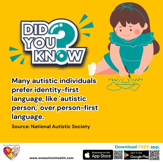oneautismhealth's tweet image. Many autistic individuals prefer identity-first language, like &quot;autistic person,&quot; over person-first language.    

#AutismAwareness #IdentityFirstLanguage #Neurodiversity #RespectPreferences #InclusiveCommunication #AutismSupport #OneAutismHealth #fyp #trending #viralvideo