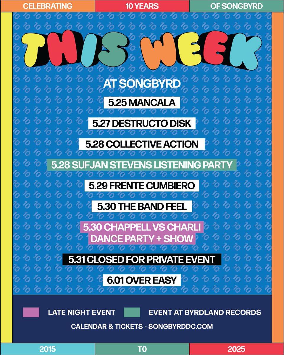 THIS WEEK AT THE BYRD! Full calendar and tix links &gt;&gt; songbyrddc.com/events/