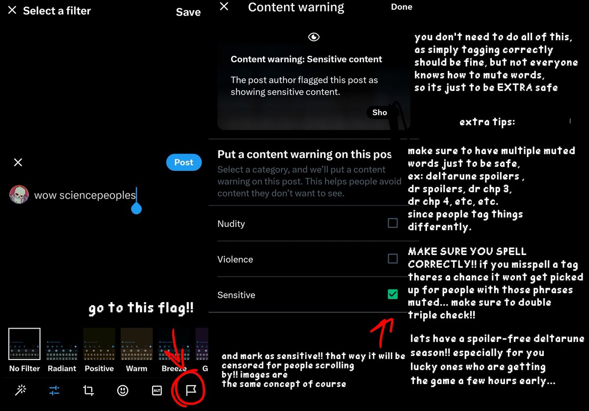tutorial for how to mute words and how to tag spoilers to prepare for the upcoming deltarune chapters!! let's stay respectful!!