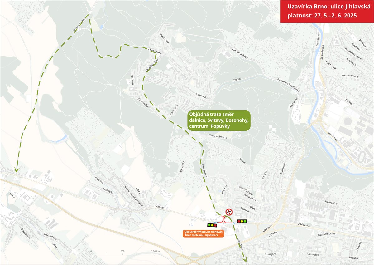 V úterý 27. května se práce na opravě povrchů na Jihlavské posunou na výjezdové a vjezdové větve mezi Chironovou a Jihlavskou, které se zcela uzavřou. Tato etapa potrvá do 2. června. 
Podrobnosti: 
kopemezabrno.cz/2025/05/26/na-…
