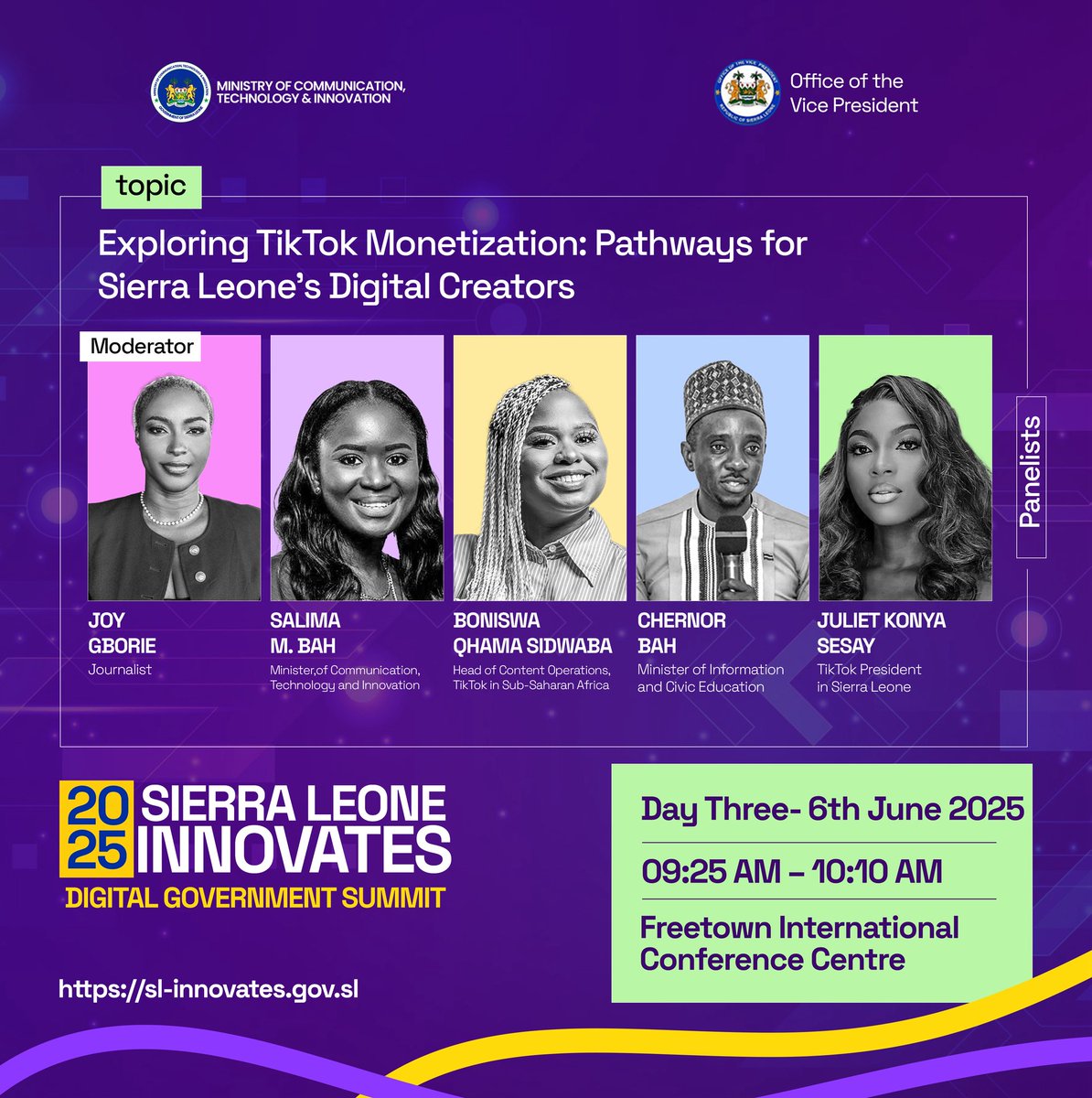 MoCTI_SL's tweet photo. TikTok & Creators in Salone‼️
How can digital creators in Sierra Leone make the most of TikTok? Find out at this exciting session at the #SLInnovates: Digital Government Summit!
Featuring top voices from TikTok, government, and content creators. https://t.co/JPWafOEWQH