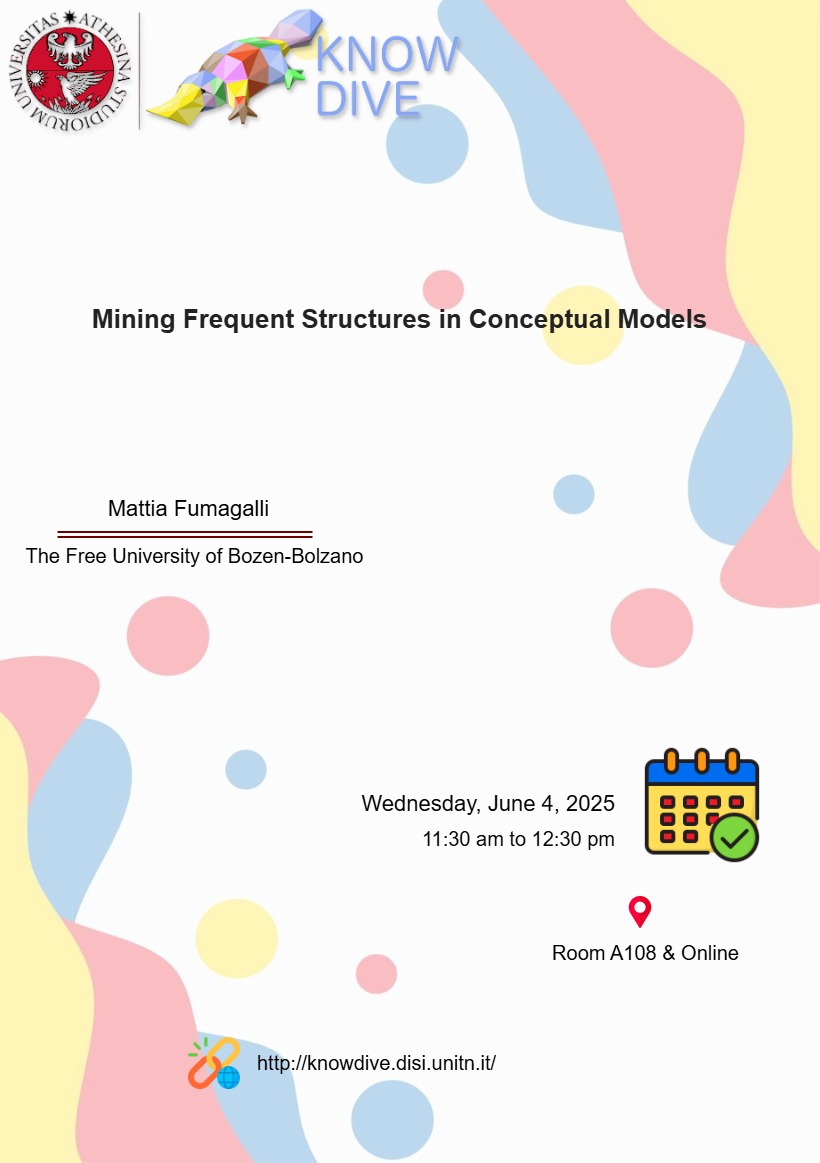 Join us for a Knowdive Group seminar on Wednesday, June 4, from 11:30 am to 12:30 pm (CEST). Mattia Fumagalli will present "Mining Frequent Structures in Conceptual Models".   Tune in at: meet.google.com/gsa-zdzn-ucc
