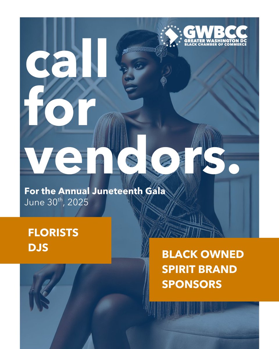 Greater Washington DC Black Chamber of Commerce (@gwbcc) on Twitter photo 🌟 CALLING ALL VENDORS! 🌟
If you’re interested in being a vendor, please reach out to info@gwbcc.org to apply!
#JuneteenthCelebration #VendorCall #EventVendors #CelebrateBlackExcellence #Gala2025 #BusinessOpportunities #CommunityCelebration #GWBCC 🌟 CALLING ALL VENDORS! 🌟
If you’re interested in being a vendor, please reach out to info@gwbcc.org to apply!
#JuneteenthCelebration #VendorCall #EventVendors #CelebrateBlackExcellence #Gala2025 #BusinessOpportunities #CommunityCelebration #GWBCC
