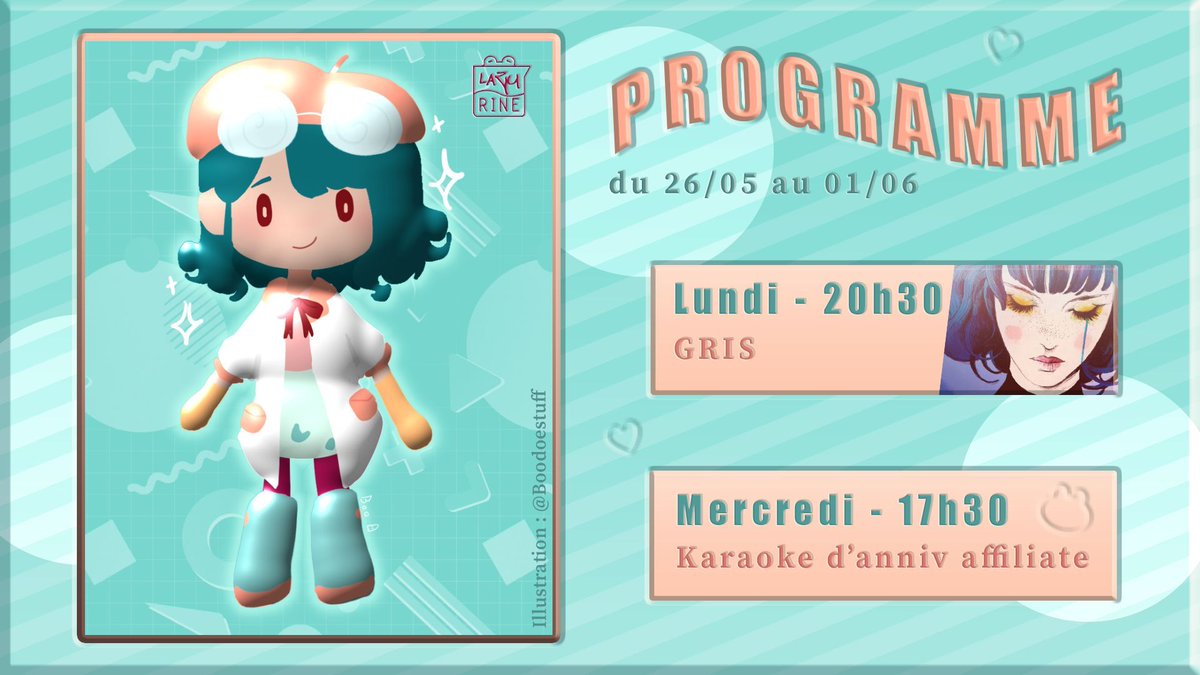 ⭐ Planning du 26/05 au 01/06 ⭐

☁️ Lundi 20h30 : GRIS
☁️ Mercredi 17h30 : Karaoké pour mes 4 ans d'affiliate !!
Et peut-être un stream mercredi à 21h en off chez les Pyjams !!

Vous auriez des suggestions de chansons ? 👀