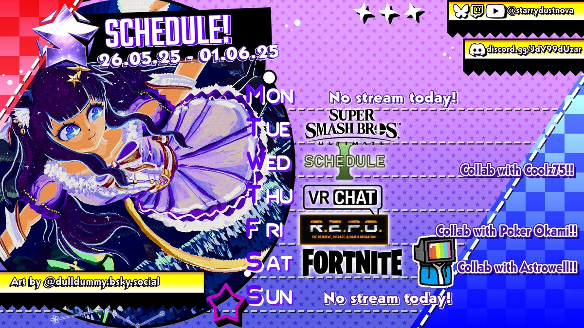 StellarStardust ✨ 🐱 (@_stardustnova) on Twitter photo SCHEDULE FOR THIS WEEK! We're doing Smashy Bros tomorrow, then Schedule I again with Coolz75 and co, VRChat and then a REPO collab with Poker again, before ending this packed week with another Fortnite collab with <a href="/astrowell/">astrowell.bsky.social</a>!! Hope the new schedule looks fine aaaaaaa
#ENVTuber SCHEDULE FOR THIS WEEK! We're doing Smashy Bros tomorrow, then Schedule I again with Coolz75 and co, VRChat and then a REPO collab with Poker again, before ending this packed week with another Fortnite collab with <a href="/astrowell/">astrowell.bsky.social</a>!! Hope the new schedule looks fine aaaaaaa
#ENVTuber
