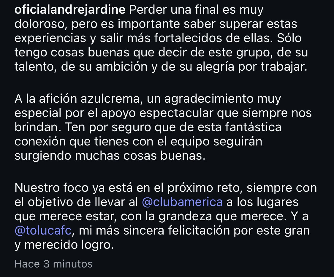 Mensaje de André Jardine en Instagram, después de perder la final ante Toluca.🦅