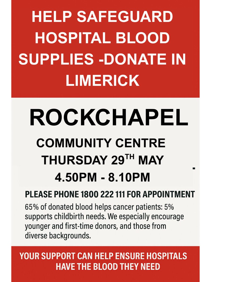 Help Safeguard Hospital Blood Supplies  – Donate in Rockchapel 

Blood supplies need to be built up in advance of the June Bank Holiday Weekend as hospital demand will remained high throughout. 

The IBTS is seeking an additional 2,000 blood donations over the next 4 weeks to