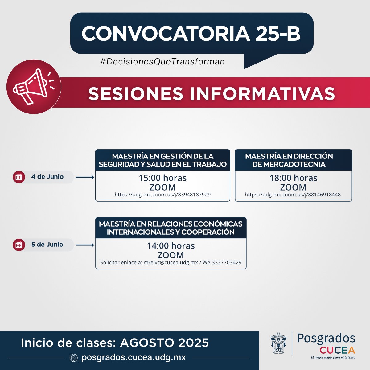 #PosgradosCUCEA 
Descubre todo sobre nuestros programas en las próximas Sesiones Informativas para ciclo 2025-B 🧑🏻‍🎓

🗓 4 y 5 de junio
🔗 Más información y accesos: posgrados.cucea.udg.mx/?q=sesiones-in…

Sé parte de la próxima generación en Posgrados CUCEA. 🌟

#DecisionesQueTransforman