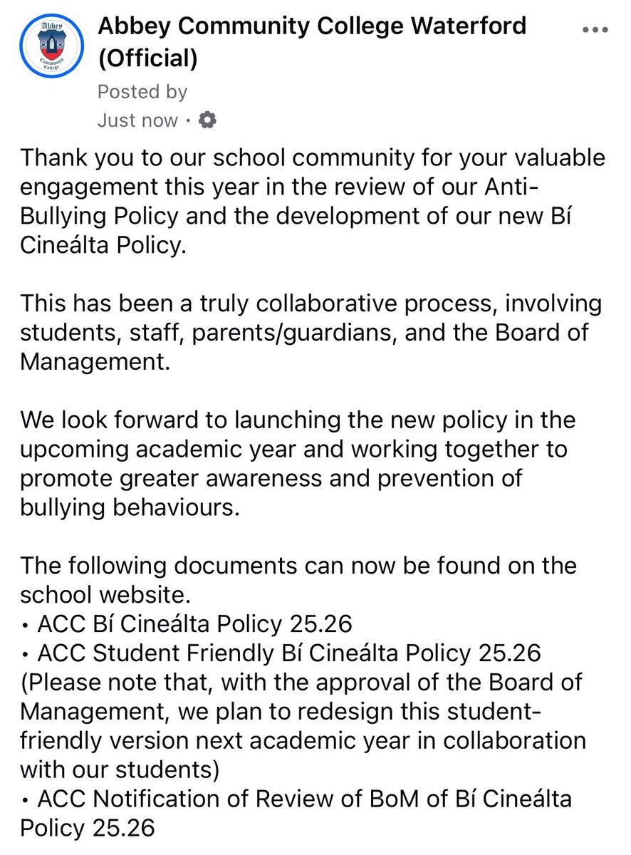 Abbey Community College, Waterford (Official) (@abbeycc_wd) on Twitter photo Thank you to our school community for your valuable engagement this year in the development of our new Bí Cineálta Policy.
This has been a truly collaborative process, involving students, staff, parents/guardians, and the Board of Management.
<a href="/KCETB_Schools/">KCETB Schools</a> <a href="/Education_Ire/">Department of Education and Youth</a> Thank you to our school community for your valuable engagement this year in the development of our new Bí Cineálta Policy.
This has been a truly collaborative process, involving students, staff, parents/guardians, and the Board of Management.
<a href="/KCETB_Schools/">KCETB Schools</a> <a href="/Education_Ire/">Department of Education and Youth</a>