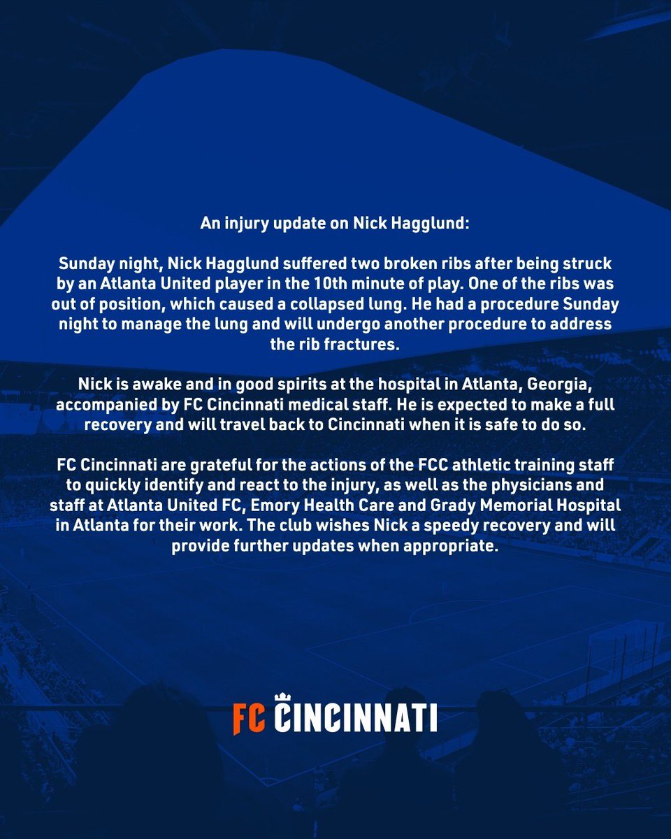 fccincinnati's tweet image. An injury update on Nick Hagglund. 

🔗 fccincy.com/44WS76M