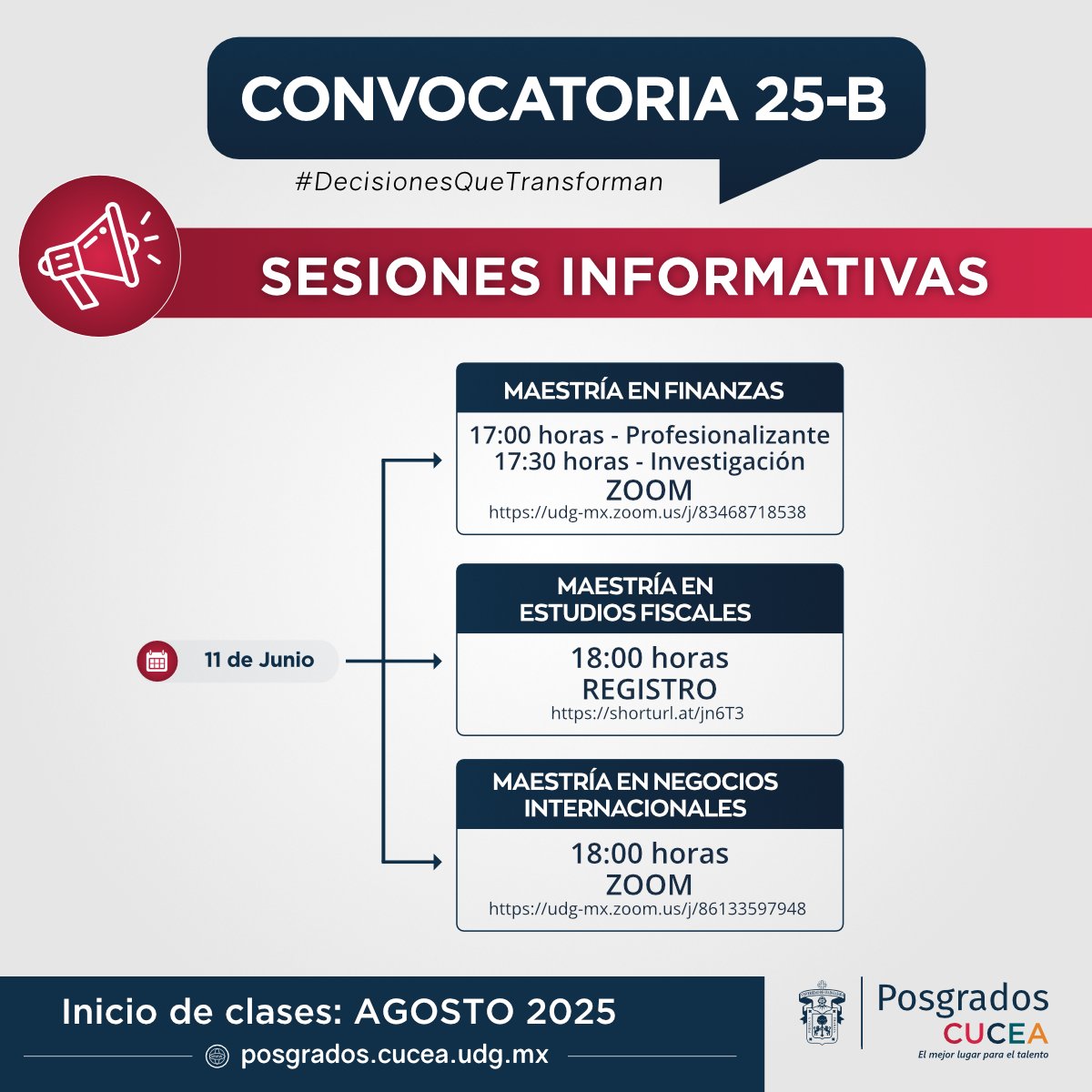 #PosgradosCUCEA 
Descubre todo sobre nuestros programas en las próximas Sesiones Informativas para ciclo 2025-B 🧑🏻‍🎓

🗓 11 de junio
🔗 Más información y accesos: posgrados.cucea.udg.mx/?q=sesiones-in…

Sé parte de la próxima generación en Posgrados CUCEA. 🌟

#DecisionesQueTransforman