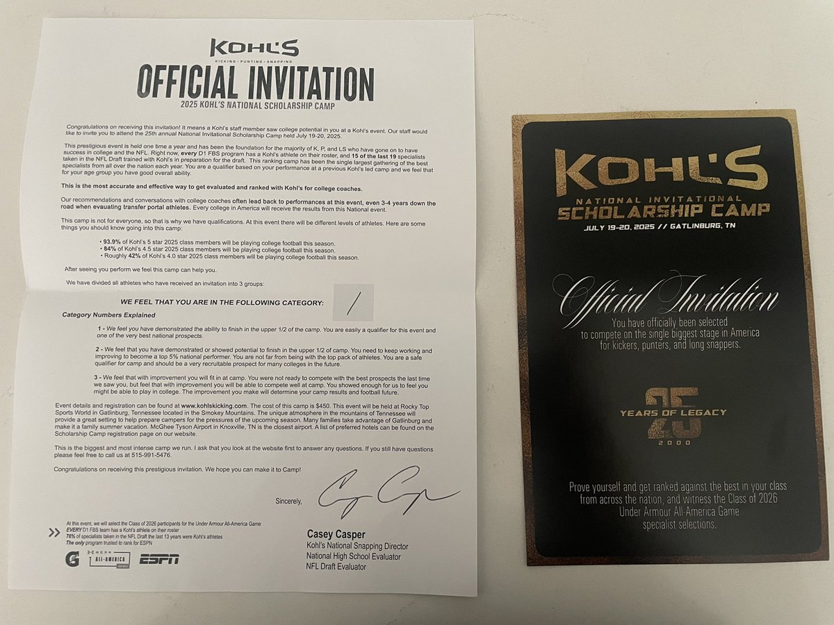 kiesau_daxon's tweet photo. Extremely grateful to receive an invite to the Kohls National Invitational Scholarship Camp!!! 
Thank you @Coach_Casper and @KohlsSnapping for the invitation. https://t.co/tp2bh3OElI