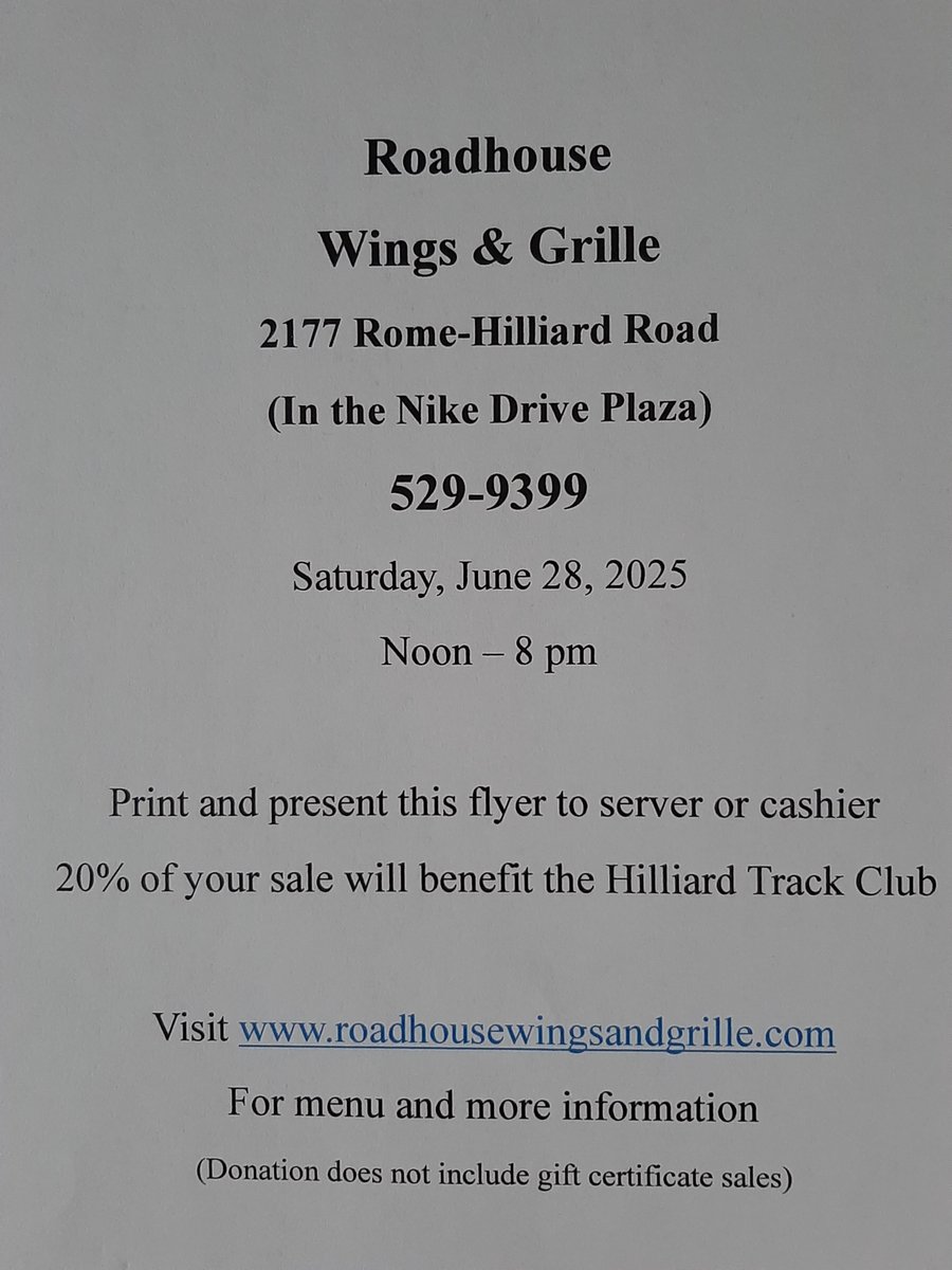 In conjunction with our raffle, Roadhouse Wings &amp; Grille is sponsoring a spirit night.  A portion of each purchase will be donated to the club.  Thank you for your support!