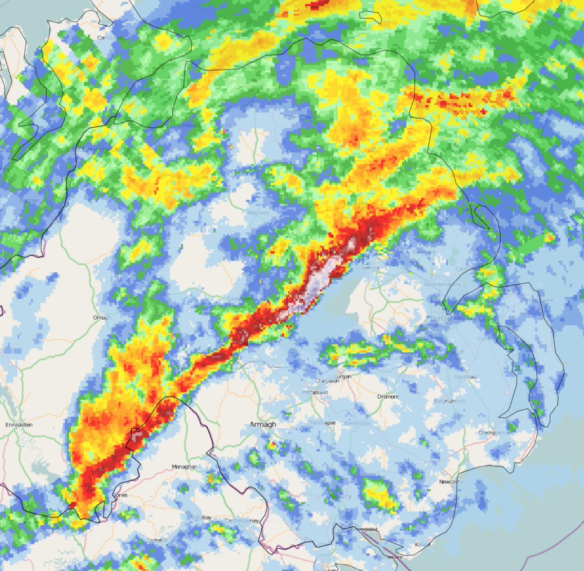 Seems to be a nasty squall line in Northern Ireland at the moment, strong wind gusts and torrential rain will be likely as it moves through.