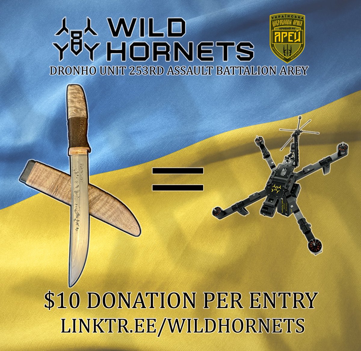 KNIFE RE-RAFFLE

Thanks to the very generous Khrystia, this knife is being raffled once again.

This time to buy drones for the Dronho Unit of  253rd Assault Battalion “Arey”.

They recently got hit by an orc FAB and lost all their kit.

$10 Per Entry

🎯 = $20’000