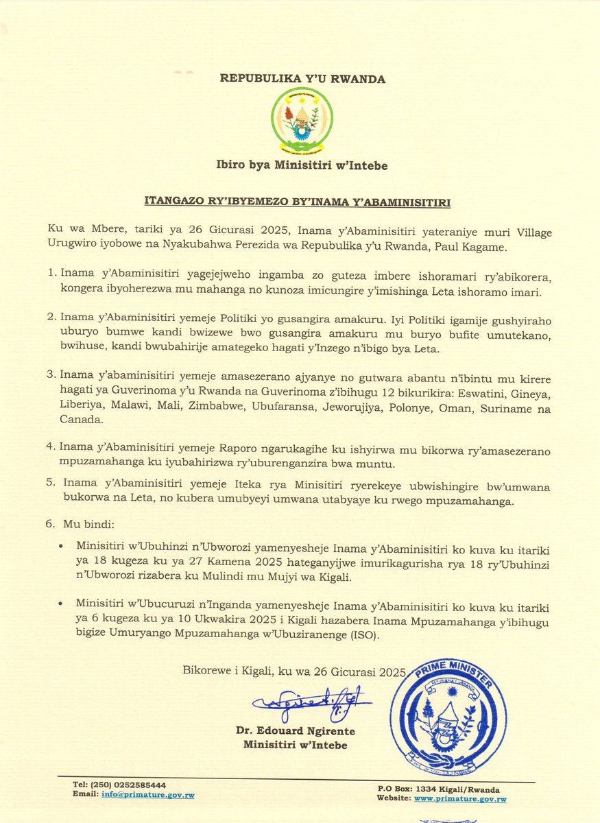 Itangazo ry'Ibyemezo by'Inama y'Abaminisitiri yo ku wa 26 Gicurasi 2025