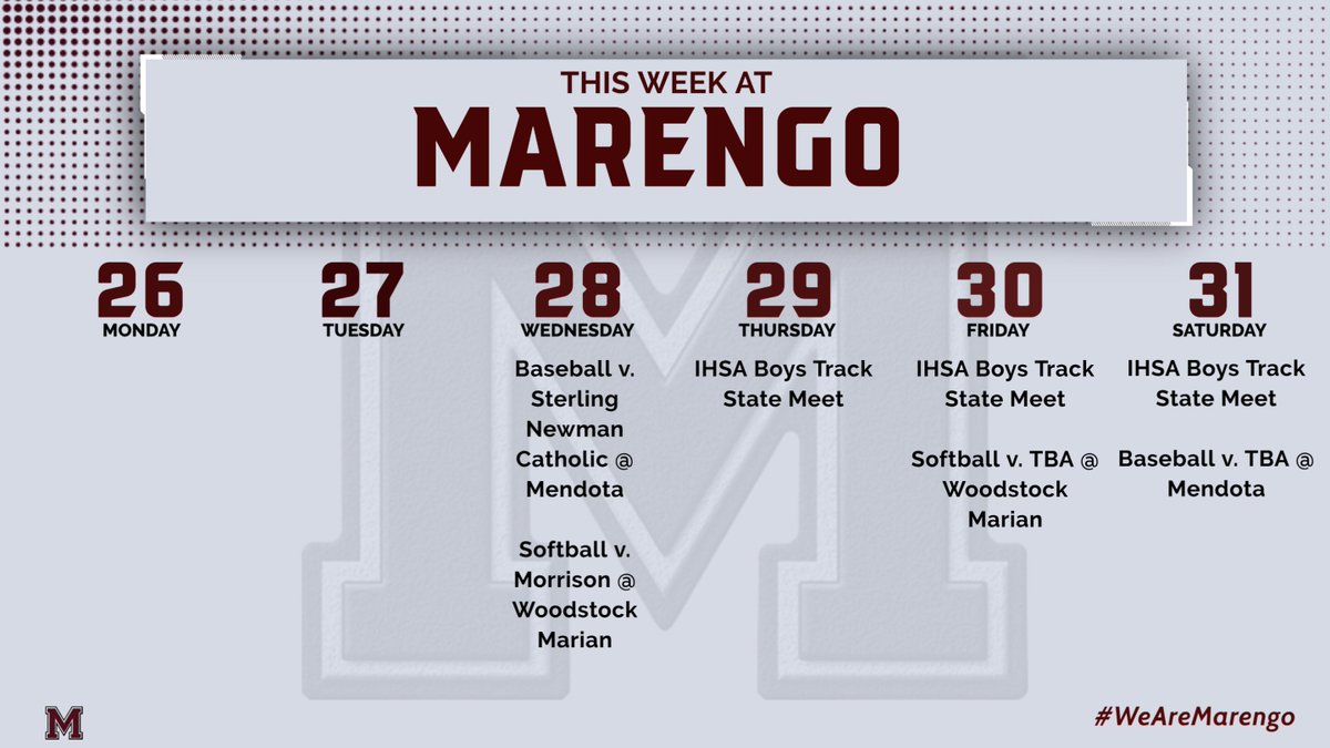 5/26/25 Weekly Schedule
Baseball @ IHSA Sectionals
Softball @ IHSA Sectionals
Boys Track @ IHSA State Finals