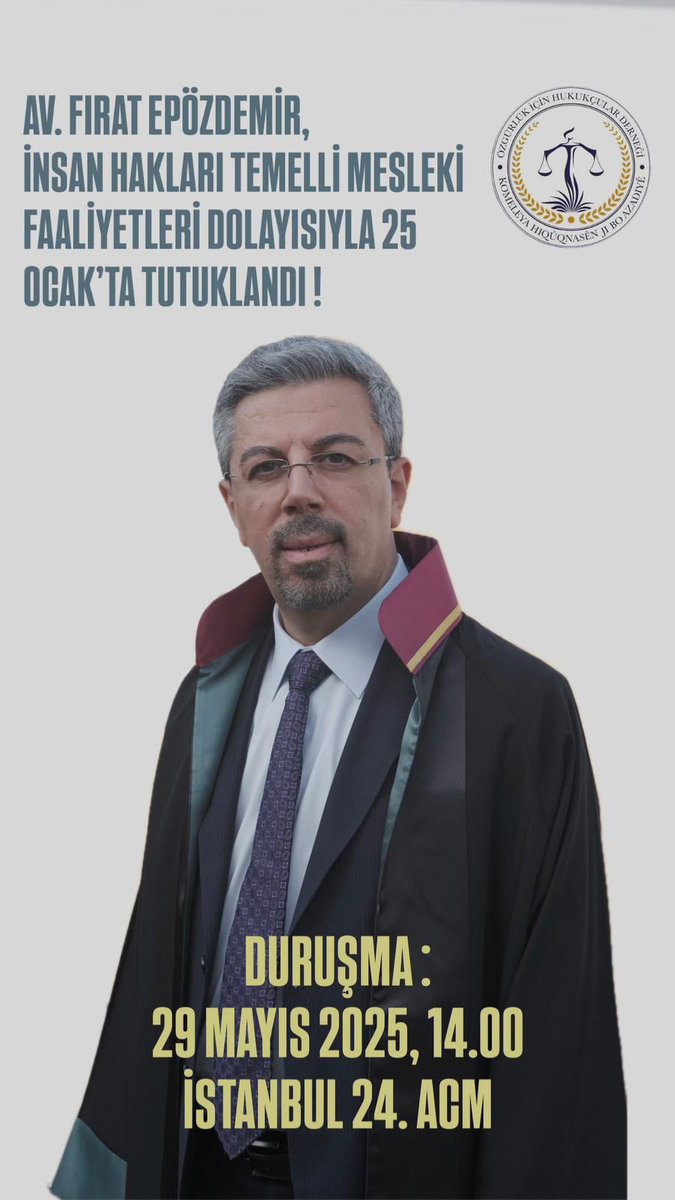 ece_vedat's tweet photo. Av. Fırat Epözdemir’in tutuklanması, yalnızca bir avukata yönelik değil, halkın savunma hakkına yönelik bir saldırıdır. Toplumun adalet talebine sahip çıkmak, savunmaya sahip çıkmaktır. Herkesi bu adaletsizliğe karşı ses olmaya çağırıyoruz.

#AvFıratEPÖZDEMİReÖzgürlük https://t.co/6pp8udrK84