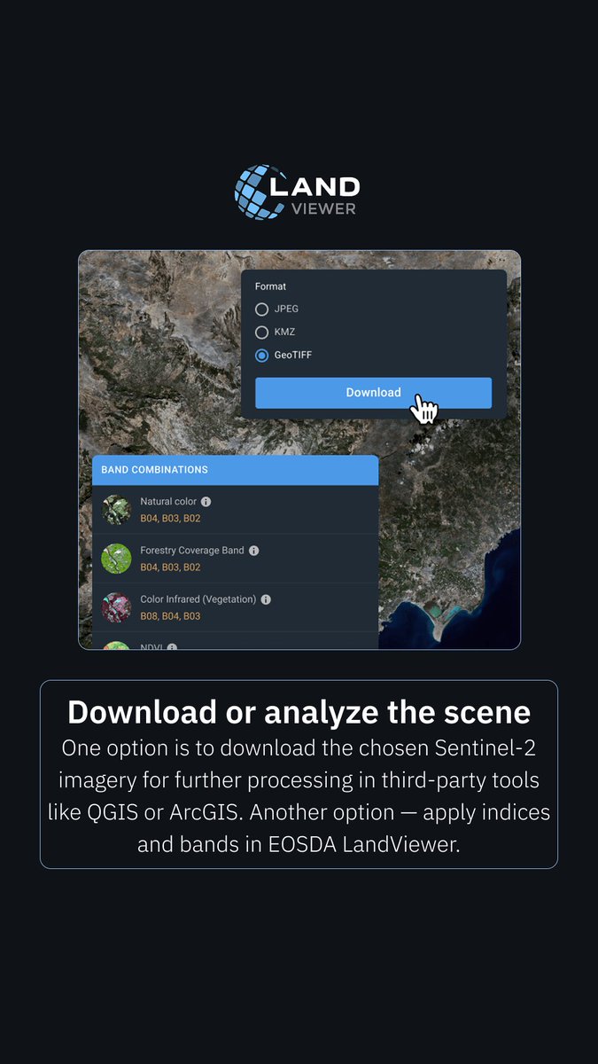 EOSDALandViewer's tweet photo. Get #Sentinel-2 imagery in #EOSDA #LandViewer:
13 bands (visible, #NIR, #SWIR), 10–60 m resolution, global since 2018, 2–3 day revisit.
Use tools like time series, clustering, and change detection.
Register and try now: https://t.co/egOKSwWp0c https://t.co/usk4cItsKU
