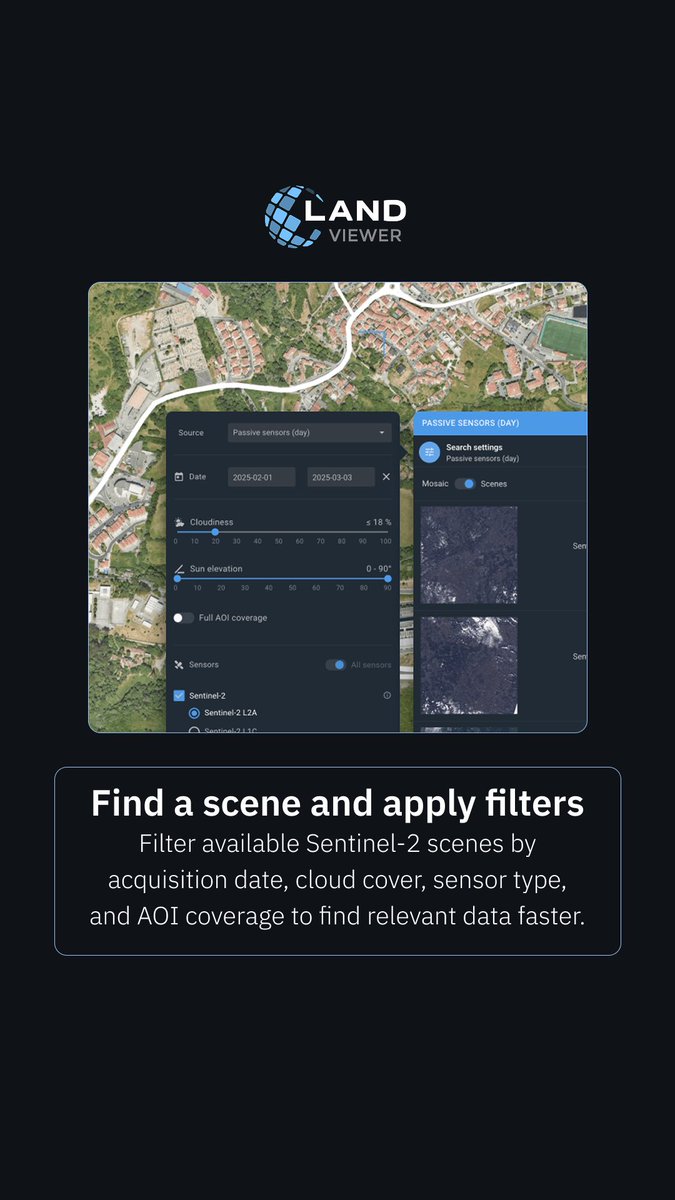 EOSDALandViewer's tweet photo. Get #Sentinel-2 imagery in #EOSDA #LandViewer:
13 bands (visible, #NIR, #SWIR), 10–60 m resolution, global since 2018, 2–3 day revisit.
Use tools like time series, clustering, and change detection.
Register and try now: https://t.co/egOKSwWp0c https://t.co/usk4cItsKU