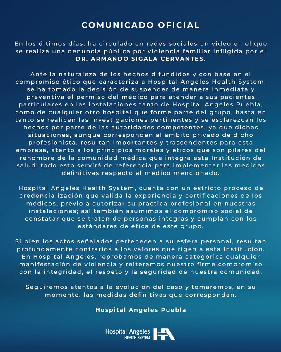 laredcincoradio's tweet image. 🏥||  Hospital Ángeles informa que ha suspendido la concesión del Dr. Armando Sigala Cervantes tras las denuncias públicas en su contra. Reafirman su compromiso con una sociedad justa y libre de violencia.
