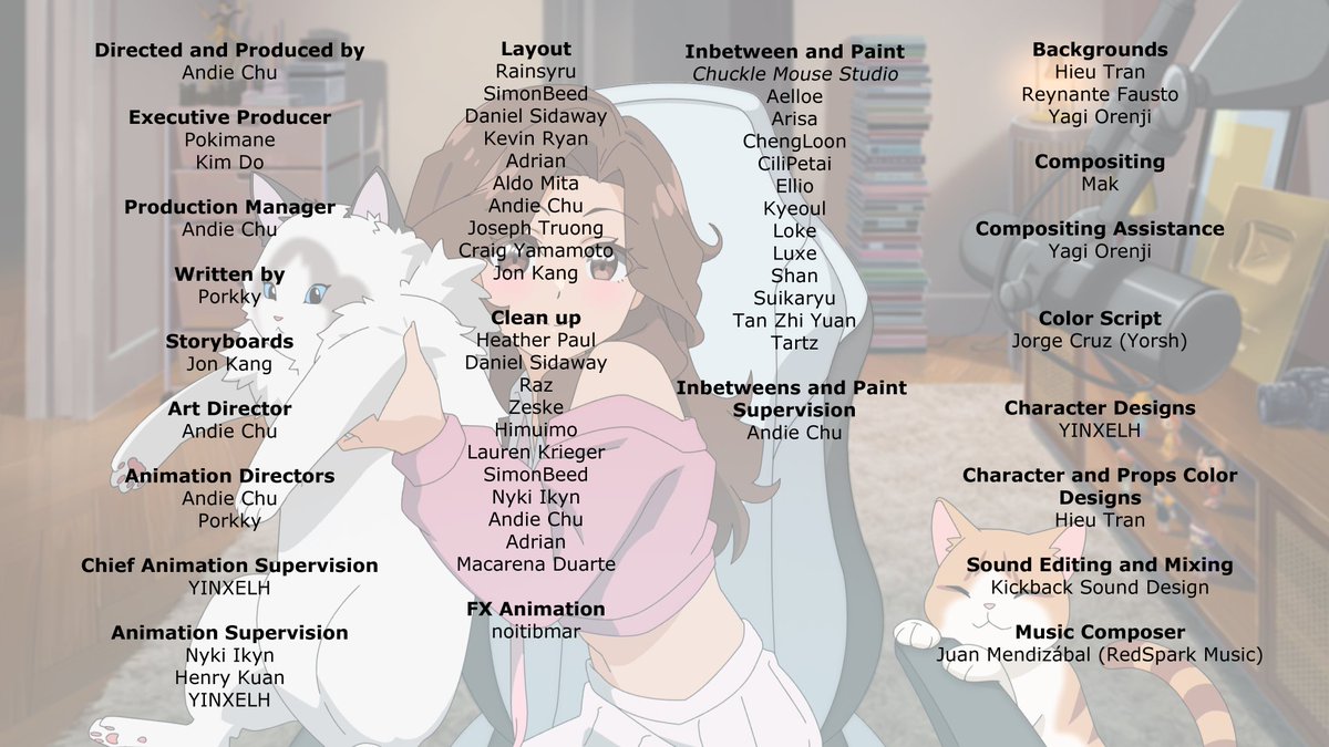 <a href="/pokimanelol/">pokimane</a> <a href="/akzelea/">Kim Do</a> Thanks to the amazing team for making this possible!

Director and Producer: <a href="/andie_chu/">Andie Chu</a>
Executive Producer: Pokimane, <a href="/akzelea/">Kim Do</a>
Production Manager: <a href="/andie_chu/">Andie Chu</a>
Written by: @porkkyboy
Storyboards: Jon Kang
Art Director: <a href="/andie_chu/">Andie Chu</a>
Animation Directors: <a href="/andie_chu/">Andie Chu</a>, @porkkyboy
Chief