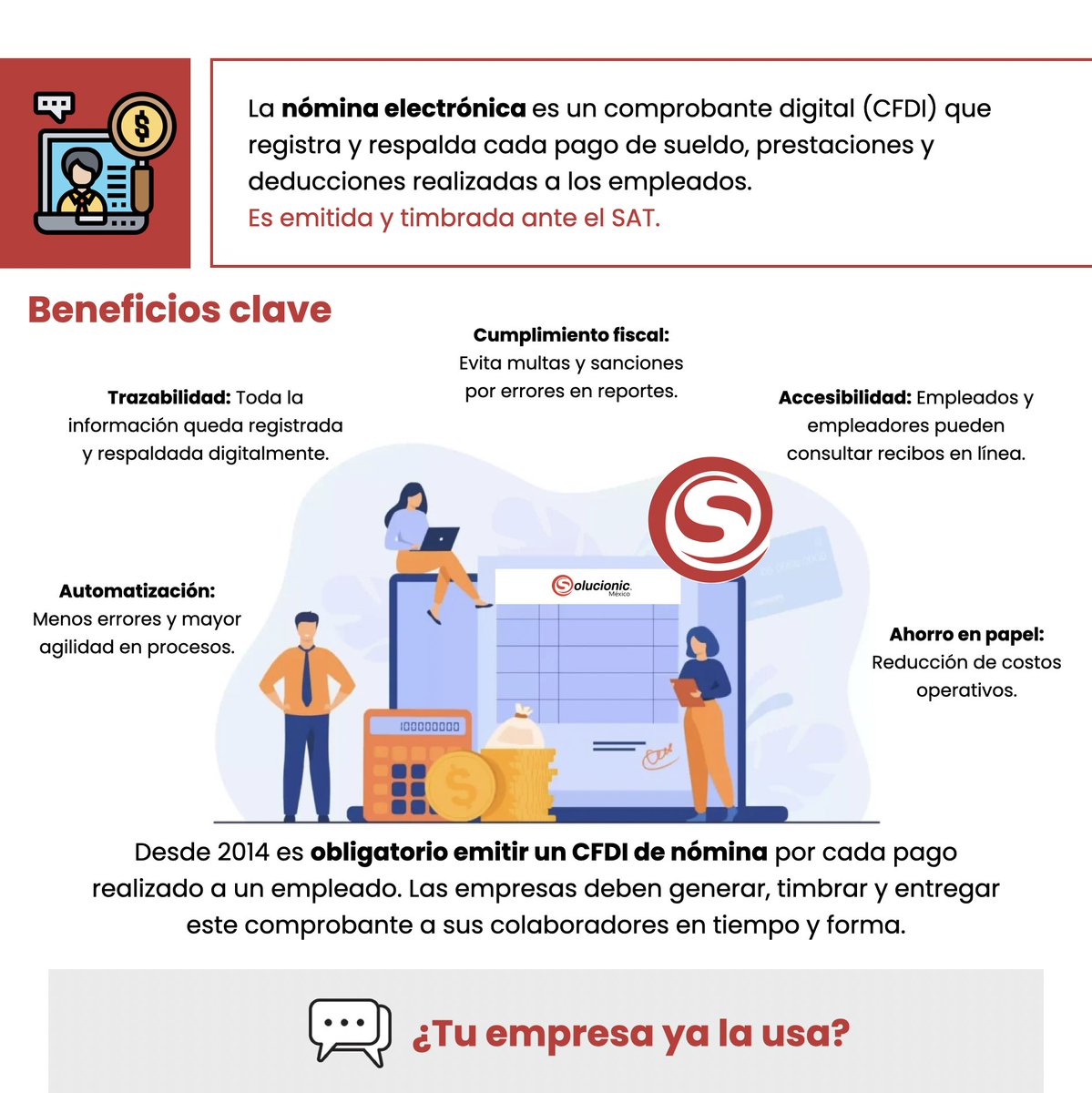 SolucionicMex's tweet image. La nómina electrónica no solo es un requisito fiscal, también es una oportunidad para automatizar procesos, reducir errores y ganar trazabilidad. ¿Ya estás usando este sistema en tu empresa?
.
.
#NóminaElectrónica #AutomatizaciónRRHH #SolucionesTI #GestiónInteligente #Solucionic