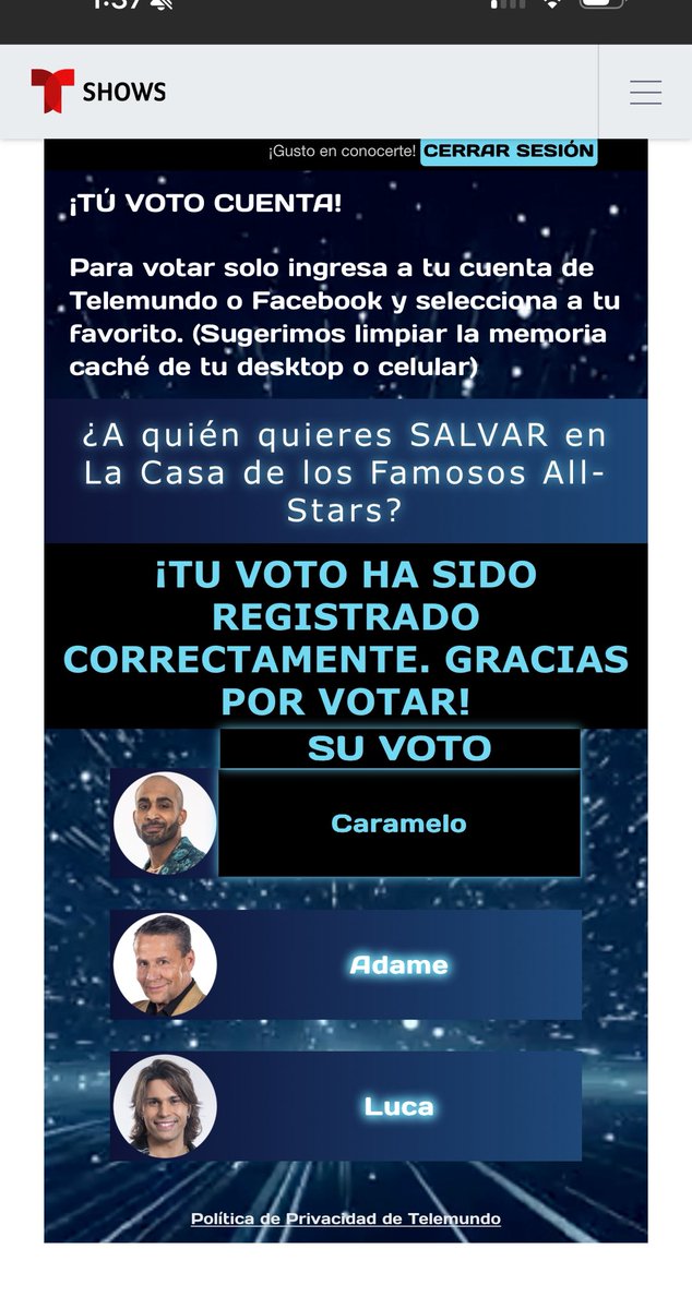 Mi gente linda a seguir votando por caramelo para que esté en la final.. #LCDLFAllStars #CarameloGanador #Telemundo