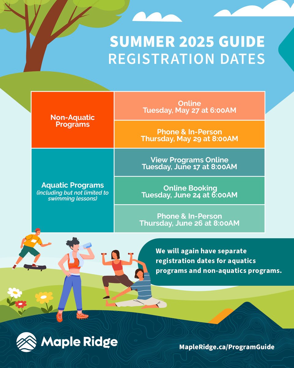 City of Maple Ridge (@yourmapleridge) on Twitter photo The 2025 Summer Guide is here! VIEW ONLINE NOW!
๐
 Summer Program Guide launches: May 20 at 8:00 AM
๐คพโโ๏ธ Register for All Non-Aquatic Programs:
๐ป Online | Tues, May 27 @ 6:00 AM
๐ In-Person & Phone | Thurs, May 29 @ 8:00 AM
user-nov9gru.cld.bz/MR-SUMMER-Progโฆ The 2025 Summer Guide is here! VIEW ONLINE NOW!
๐
 Summer Program Guide launches: May 20 at 8:00 AM
๐คพโโ๏ธ Register for All Non-Aquatic Programs:
๐ป Online | Tues, May 27 @ 6:00 AM
๐ In-Person & Phone | Thurs, May 29 @ 8:00 AM
user-nov9gru.cld.bz/MR-SUMMER-Progโฆ