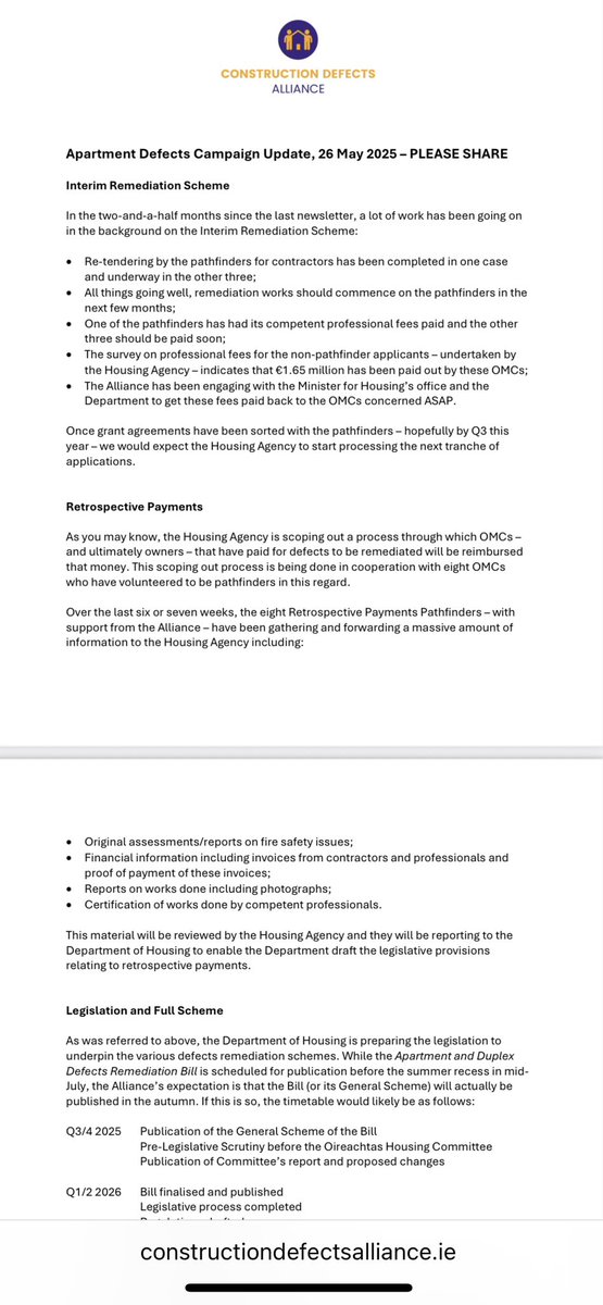 Construction Defects Alliance (@alliancedefects) on Twitter photo Latest <a href="/AllianceDefects/">Construction Defects Alliance</a> newsletter available now at constructiondefectsalliance.ie/assets/files/p…
Updates on:
Interim Remediation Scheme ;
Retrospective Payments Pathfinders ;
Legislation. Latest <a href="/AllianceDefects/">Construction Defects Alliance</a> newsletter available now at constructiondefectsalliance.ie/assets/files/p…
Updates on:
Interim Remediation Scheme ;
Retrospective Payments Pathfinders ;
Legislation.