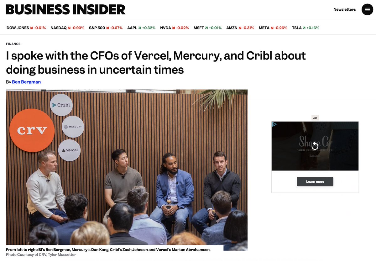 Thrilled we could host <a href="/BusinessInsider/">Business Insider</a>'s <a href="/thebenbergman/">Ben Bergman</a>, <a href="/cribl_io/">Cribl</a>'s Zachary Johnson, <a href="/mercury/">Mercury</a>'s Daniel Kang, <a href="/vercel/">Vercel</a>'s <a href="/MartenTheViking/">Marten Abrahamsen</a> and a wonderful crowd of finance pros and founders in our SF office.