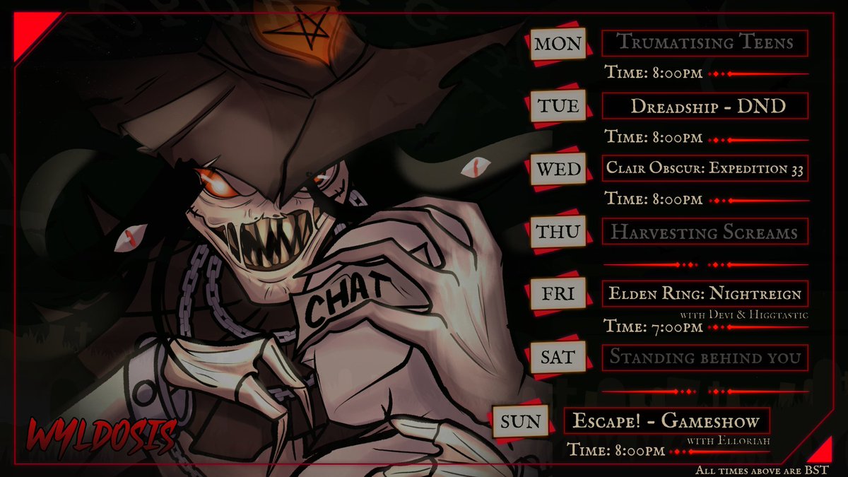 Wyldosis | UndeRealm | Scarecrow Slasher🔪🐦⬛ (@wyldosis) on Twitter photo <a href="/UndeRealmVTG/">UndeRealm | Vtuber Group</a> A quieter week this week as we rally around our friends to support the #SaveSili campaign but we have some of the usual horror TTRPG content with Dreadship and Escape!
I'll also be delving in for a launch event of Elden Ring: Nightreign with <a href="/DeviEditsForYou/">Devi | UndeRealm | Oni Vtuber/Editor 👊😈</a> and @Higgtastic96 <a href="/UndeRealmVTG/">UndeRealm | Vtuber Group</a> A quieter week this week as we rally around our friends to support the #SaveSili campaign but we have some of the usual horror TTRPG content with Dreadship and Escape!
I'll also be delving in for a launch event of Elden Ring: Nightreign with <a href="/DeviEditsForYou/">Devi | UndeRealm | Oni Vtuber/Editor 👊😈</a> and @Higgtastic96