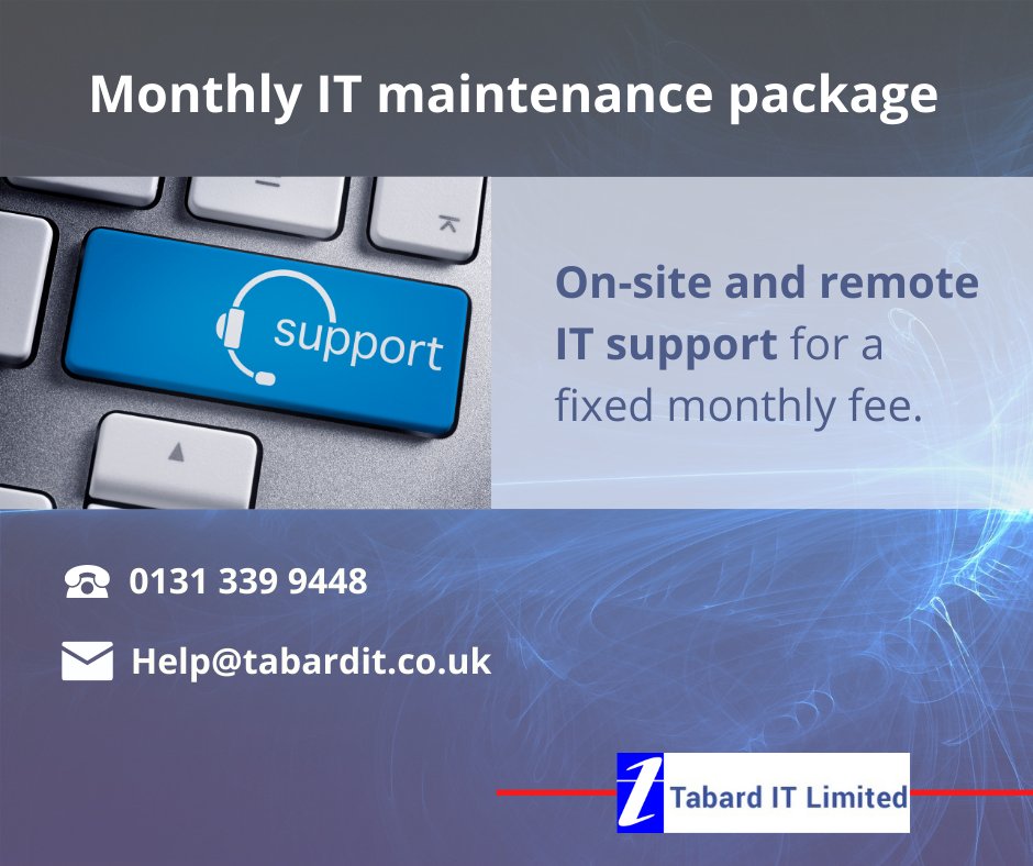 TabardITLtd's tweet image. Our Monthly Maintenance Agreement provides full IT support both remotely and on-site.

For a fixed monthly fee, our service includes: security monitoring, license management, and all IT-related admin for new recruits and departing staff.

#ITSupport #ITMaintenance