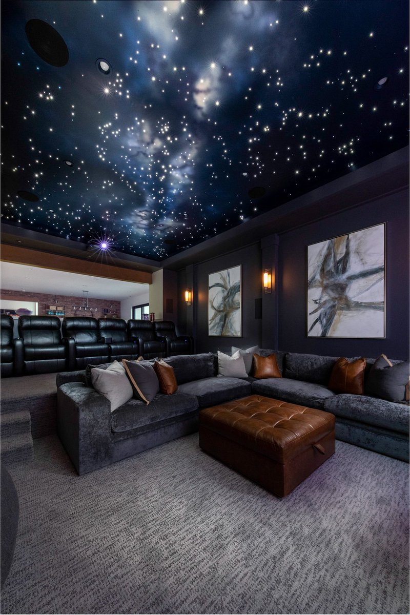 Handcrafted fiber optic star ceiling, complete with airbrushed Milky Way. These are always so much work (sometimes a nightmare, haha), but the finished product is worth it.  #hometheaterdesign