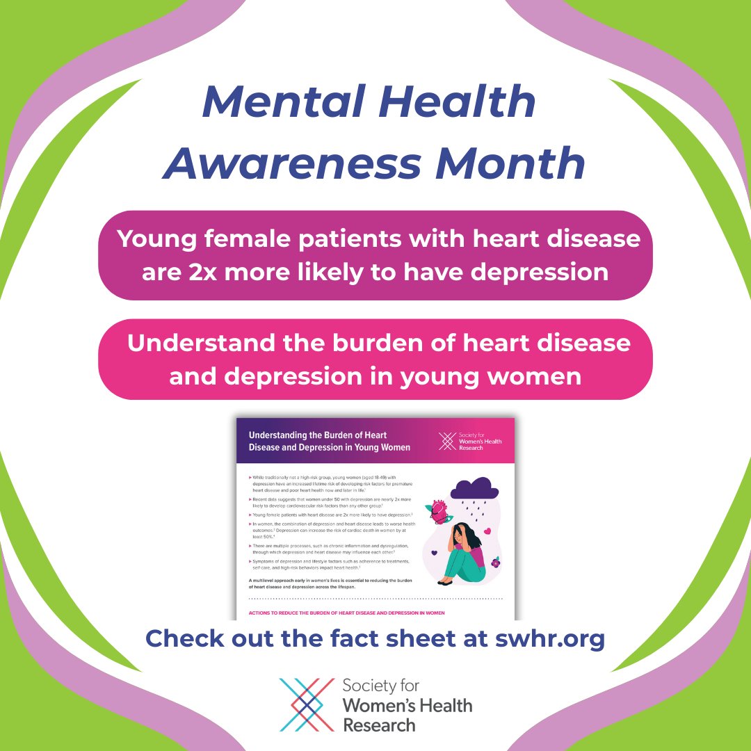 #DYK #HeartHealth and #depression are closely linked? Young women with depression face a higher risk of heart disease, and those with heart disease are more likely to develop depression: ow.ly/awUc50VPvBK 

#SWHRtalksHeart #MentalHealthMonday #MentalHealthAwarenessMonth