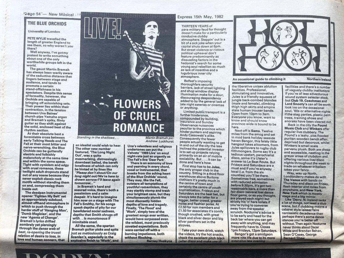 Blue Orchids, live review by Barney Hoskyns, pic by Andrew Luckhurst.
Clubs in Belfast, Bangor, Derry.
New Musical Express, 15 May 1982.