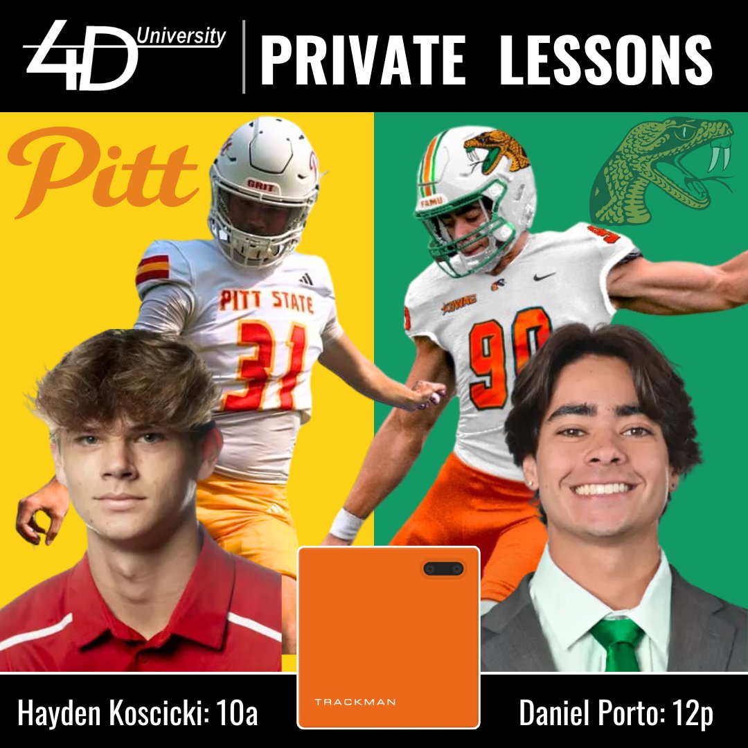 4th Down University™️ (@4thdownu) on Twitter photo Tomorrow we welcome the following to private training:
10a: <a href="/GorillasFB/">Pitt State Football</a> K <a href="/haydenk_0/">Hayden Koscicki</a>
12p: <a href="/FAMU_FB/">Florida A&M Football 🏈</a> K <a href="/cmporto_daniel/">Daniel Porto</a> Tomorrow we welcome the following to private training:
10a: <a href="/GorillasFB/">Pitt State Football</a> K <a href="/haydenk_0/">Hayden Koscicki</a>
12p: <a href="/FAMU_FB/">Florida A&M Football 🏈</a> K <a href="/cmporto_daniel/">Daniel Porto</a>