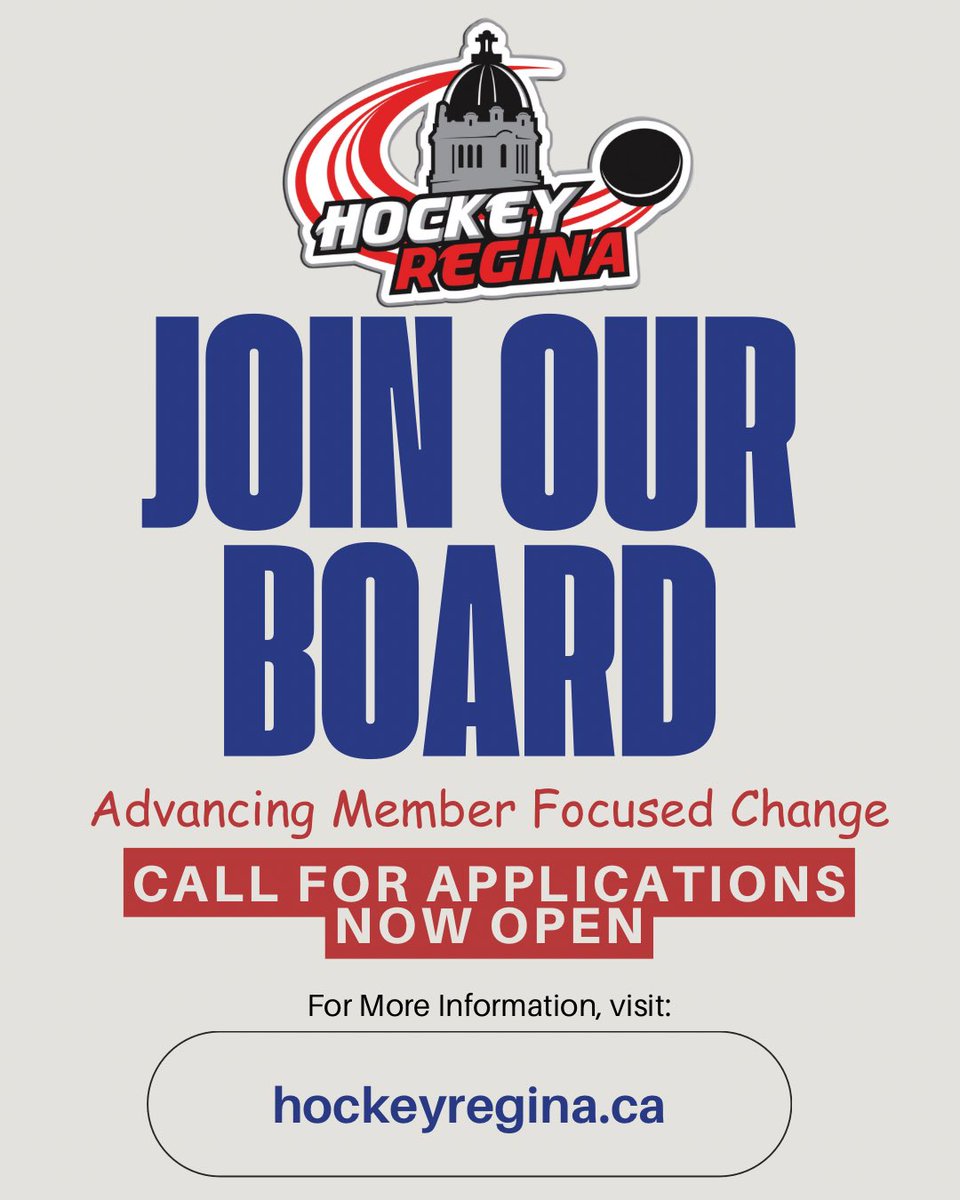 Hockey Regina is seeking applications from individuals interested in joining the organization's Board of Directors. Visit: hockeyregina.ca for more information