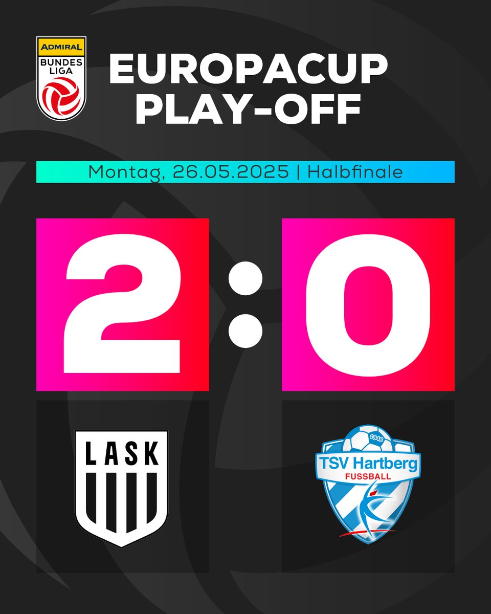 Der LASK hat sich mit einem Sieg gegen den TSV Hartberg den Einzug ins Europacup-Play-off-Finale erkämpft. 💪
Am 29. Mai 2025 treffen der SK Rapid und die Stahlstädter im Hinspiel aufeinander. 🔥⚽

#ASKHTB 2:0

#AdmiralBL #Spieltag