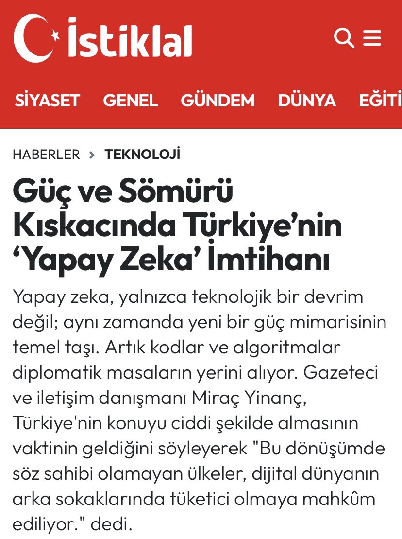 Dünyada teknoloji ve yapay zeka devrimi yaşanırken Türkiye bu mücadelenin neresinde duruyor?

İstiklal Gazetesi ile gerçekleştirdiğimiz “Güç ve Sömürü Kıskacında Türkiye’nin ‘Yapay Zeka’ İmtihanı” demecimiz yayında…

<a href="/gazeteistiklal/">İstiklal Gazetesi</a> #YapayZeka #Teknoloji

istiklal.com.tr/guc-ve-somuru-…