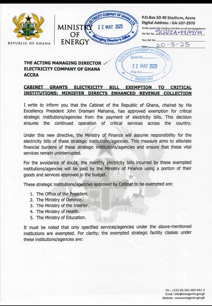 Omane Daniel Sillas Jnr (@omanes91887) on Twitter photo Cabinet Grants electricity bill exemption to critical public institutions in accordance with the executive instrument ( EI) Energy Minister Directs.
<a href="/joyce_bawah/">Joyce Bawah Mogtari</a>
<a href="/SammyGyamfi_/">Sammy Gyamfi</a>
<a href="/JDMahama/">John Dramani Mahama</a>
<a href="/ndccommbureau/">NDC Communications Bureau</a>
<a href="/_husseinibrahim/">Hussein Ibrahim</a> Cabinet Grants electricity bill exemption to critical public institutions in accordance with the executive instrument ( EI) Energy Minister Directs.
<a href="/joyce_bawah/">Joyce Bawah Mogtari</a>
<a href="/SammyGyamfi_/">Sammy Gyamfi</a>
<a href="/JDMahama/">John Dramani Mahama</a>
<a href="/ndccommbureau/">NDC Communications Bureau</a>
<a href="/_husseinibrahim/">Hussein Ibrahim</a>