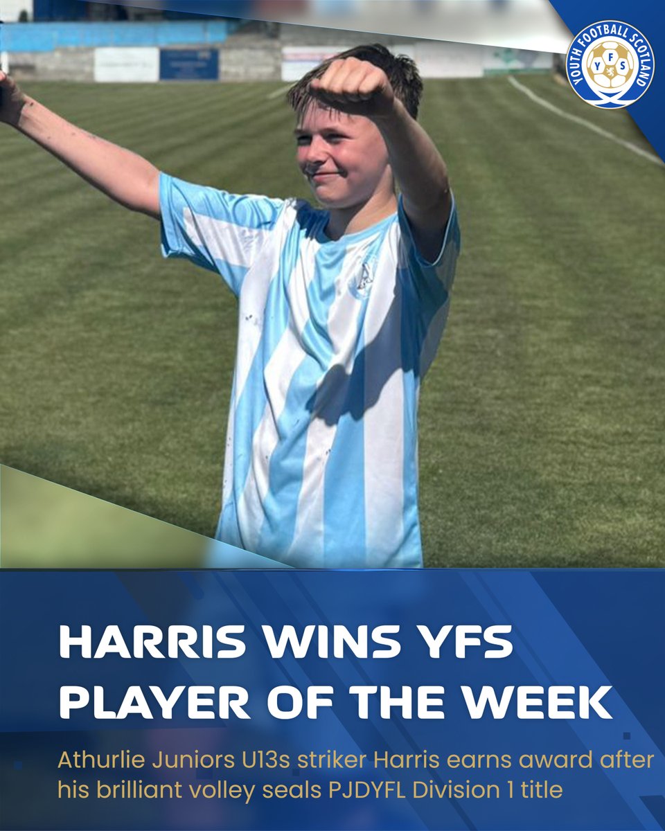 𝗣𝗟𝗔𝗬𝗘𝗥 𝗢𝗙 𝗧𝗛𝗘 𝗪𝗘𝗘𝗞 🙌 

Congratulations to Harris, who won YFS Player of the Week! The Arthurlie Juniors U13s striker scored a brilliant volley to seal the Paisley Johnstone and District YFL Division 1 title.

𝗡𝗼𝗺𝗶𝗻𝗮𝘁𝗲 ▶️ yfsmedia.net/potw