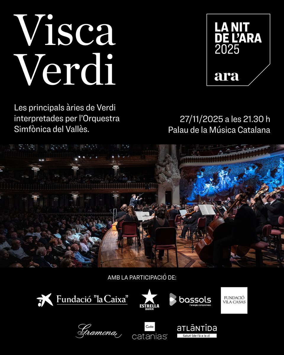 diariARA (@diariara) on Twitter photo ✨ Vols celebrar els 15 anys de l’ARA? Vine al concert ‘Visca Verdi’ i gaudeix d’una gran vetllada amb les seves millors àries.
Amb l'<a href="/OSValles/">Simfònica del Vallès (OSV)</a> i les veus de Berna Perles, Antoni Lliteres i <a href="/OdenaAngel/">Angel odena</a>
📆 27/11
📍 <a href="/palaumusicacat/">Palau de la Música Catalana</a>
Entrades a 👉 d.ara.cat/verdi1 ✨ Vols celebrar els 15 anys de l’ARA? Vine al concert ‘Visca Verdi’ i gaudeix d’una gran vetllada amb les seves millors àries.
Amb l'<a href="/OSValles/">Simfònica del Vallès (OSV)</a> i les veus de Berna Perles, Antoni Lliteres i <a href="/OdenaAngel/">Angel odena</a>
📆 27/11
📍 <a href="/palaumusicacat/">Palau de la Música Catalana</a>
Entrades a 👉 d.ara.cat/verdi1