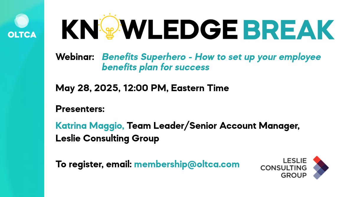 Ontario LTC Assoc. (@oltcanews) on Twitter photo Join us for this week's OLTCA KnowledgeBREAK webinar with <a href="/Leslie_Consult/">Leslie Consulting Group</a> on Wed May 28 at noon for an informative session on: Benefits Superhero - How to set up your employee benefits plan for success. To register, email membership@oltca.com. Join us for this week's OLTCA KnowledgeBREAK webinar with <a href="/Leslie_Consult/">Leslie Consulting Group</a> on Wed May 28 at noon for an informative session on: Benefits Superhero - How to set up your employee benefits plan for success. To register, email membership@oltca.com.