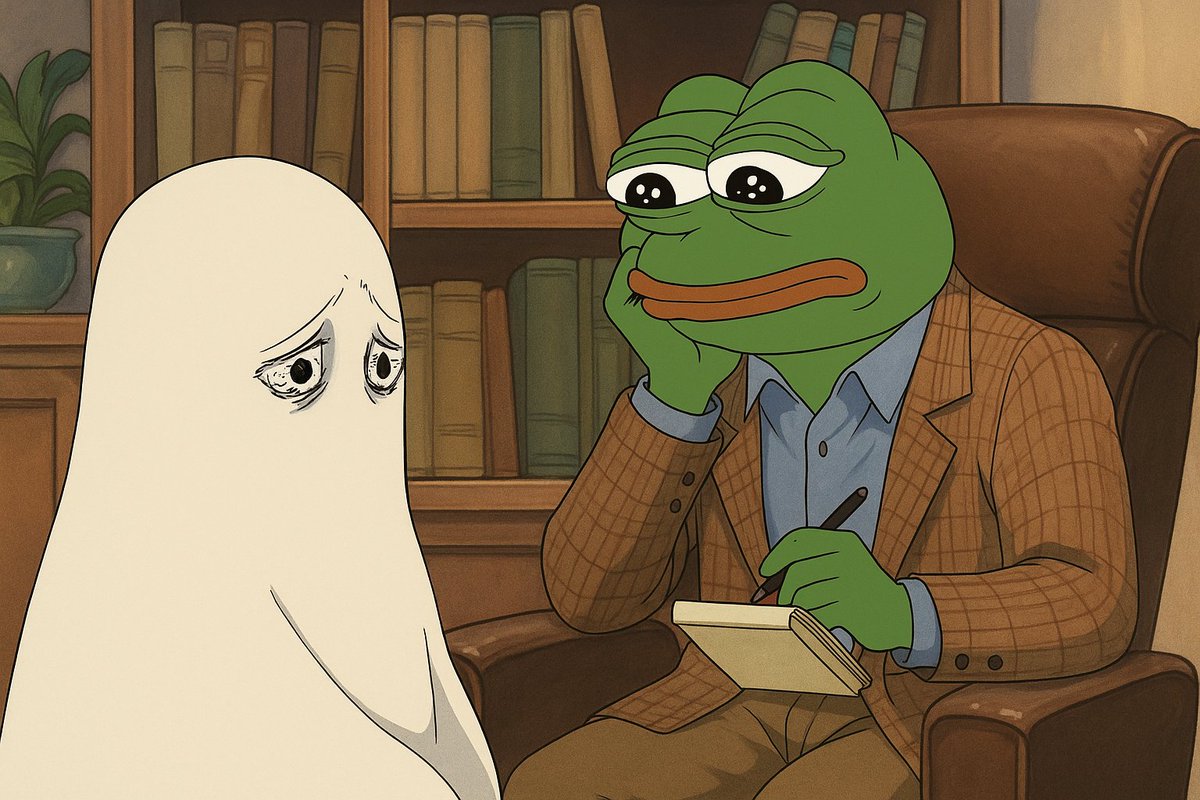 therapy_sol's tweet photo. Give yourself some Therapy - use this prompt along with your PFP or any PFP, it's simple!

"create an image of pepe the frog as a therapist listening to the image of the character provided looking sad in a ghibli style image" https://t.co/xmcPQyUFzT